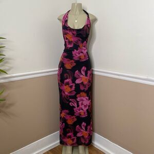 SHEIN Women’s Y2K Floral Print Halter Deep V-Neck Tie Maxi Dress